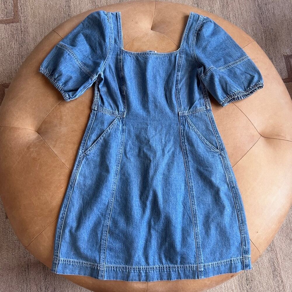 Madewell Denim Puff Sleeve Mini Dress Square Neck Pockets Cottagecore Size 4